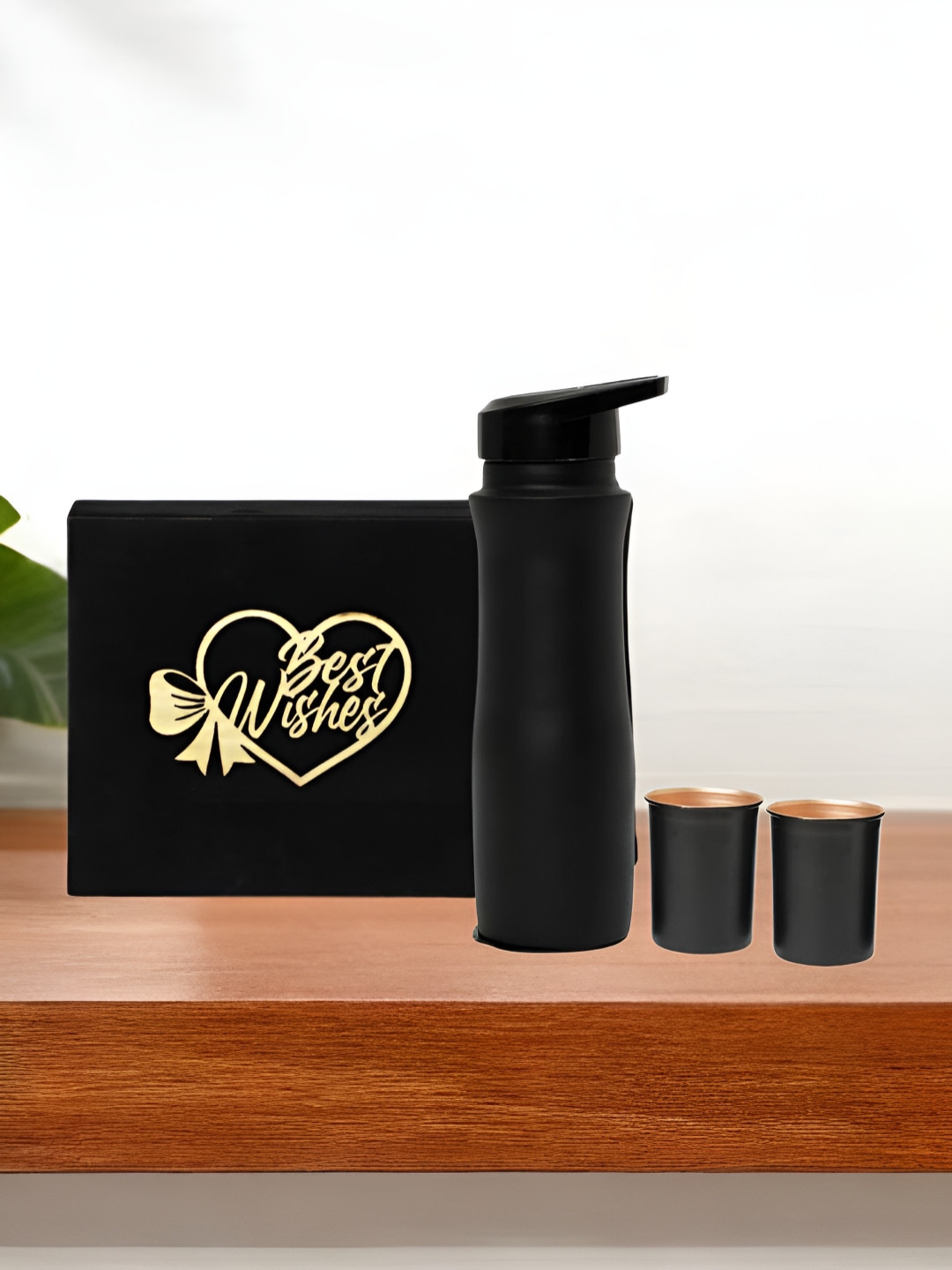 INTERNATIONAL GIFT Black Set of 3 Copper Solid Water Bottle With Glass