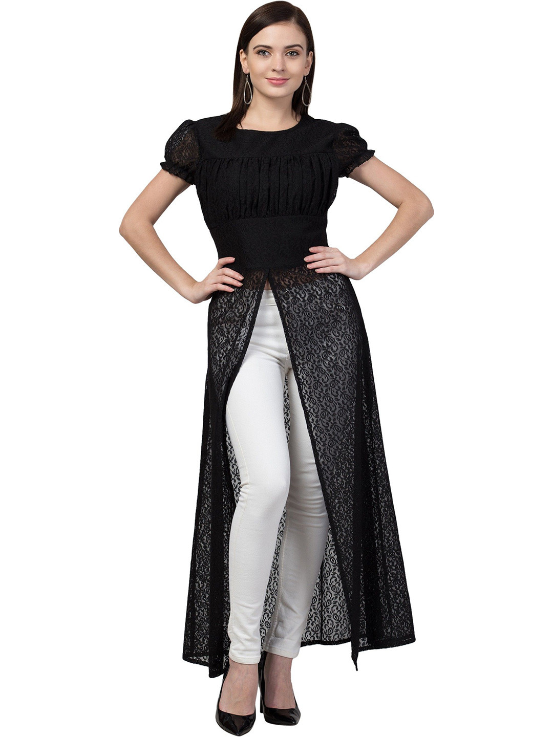 Sash Puff Sleeve Sheer Lace Maxi Longline Top