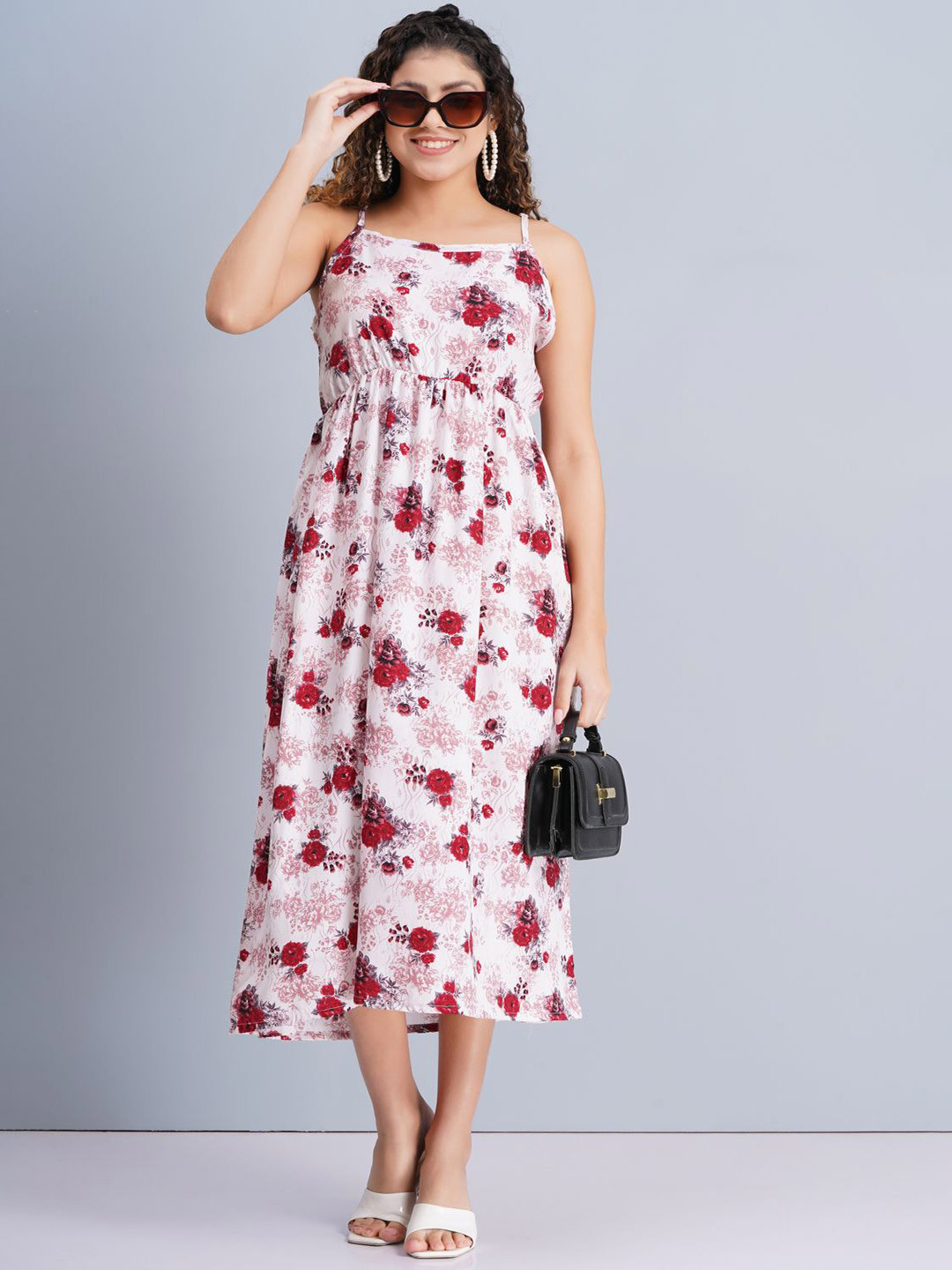 CROWN CREATION Floral Print Crepe Fit & Flare Midi Dress
