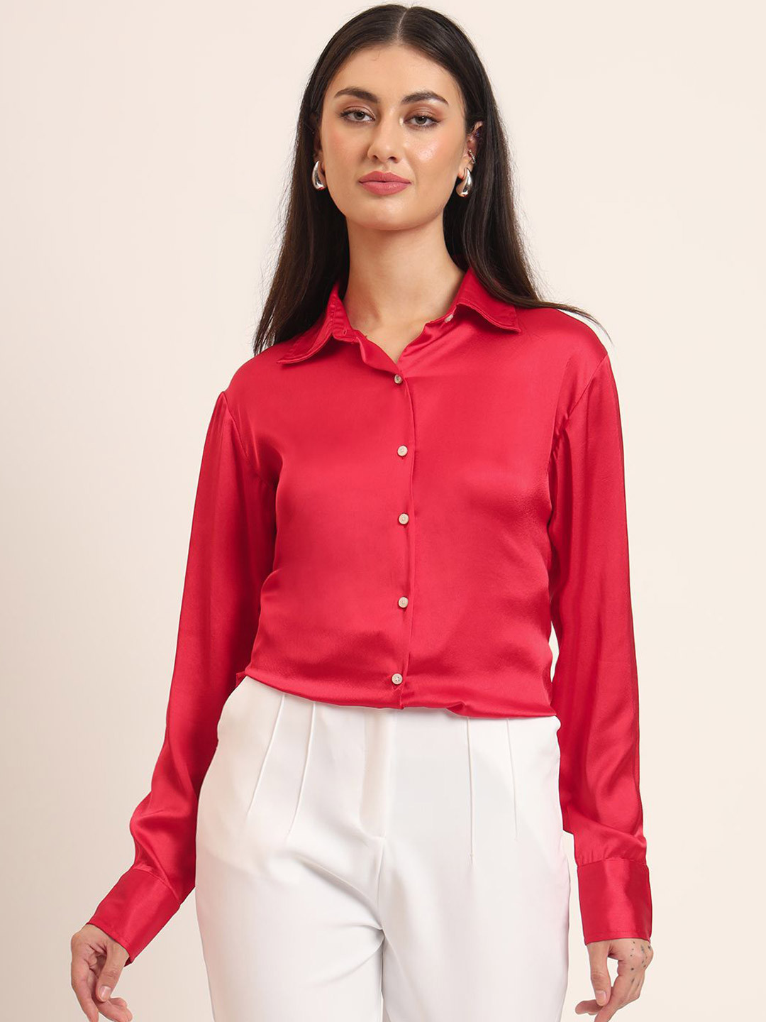 AMSWAN Women Comfort Fit Spread Collar Solid Satin Casual Shirt