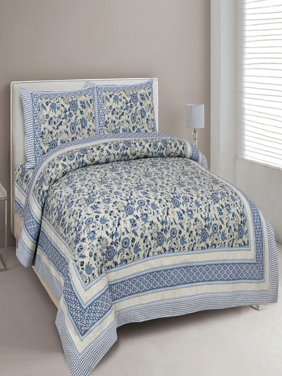 Myntra Elegant Homes Traditional Beige Floral Cotton 180 TC King Fine Bedsheet with 2 Pillow Covers-108 x 100 inches