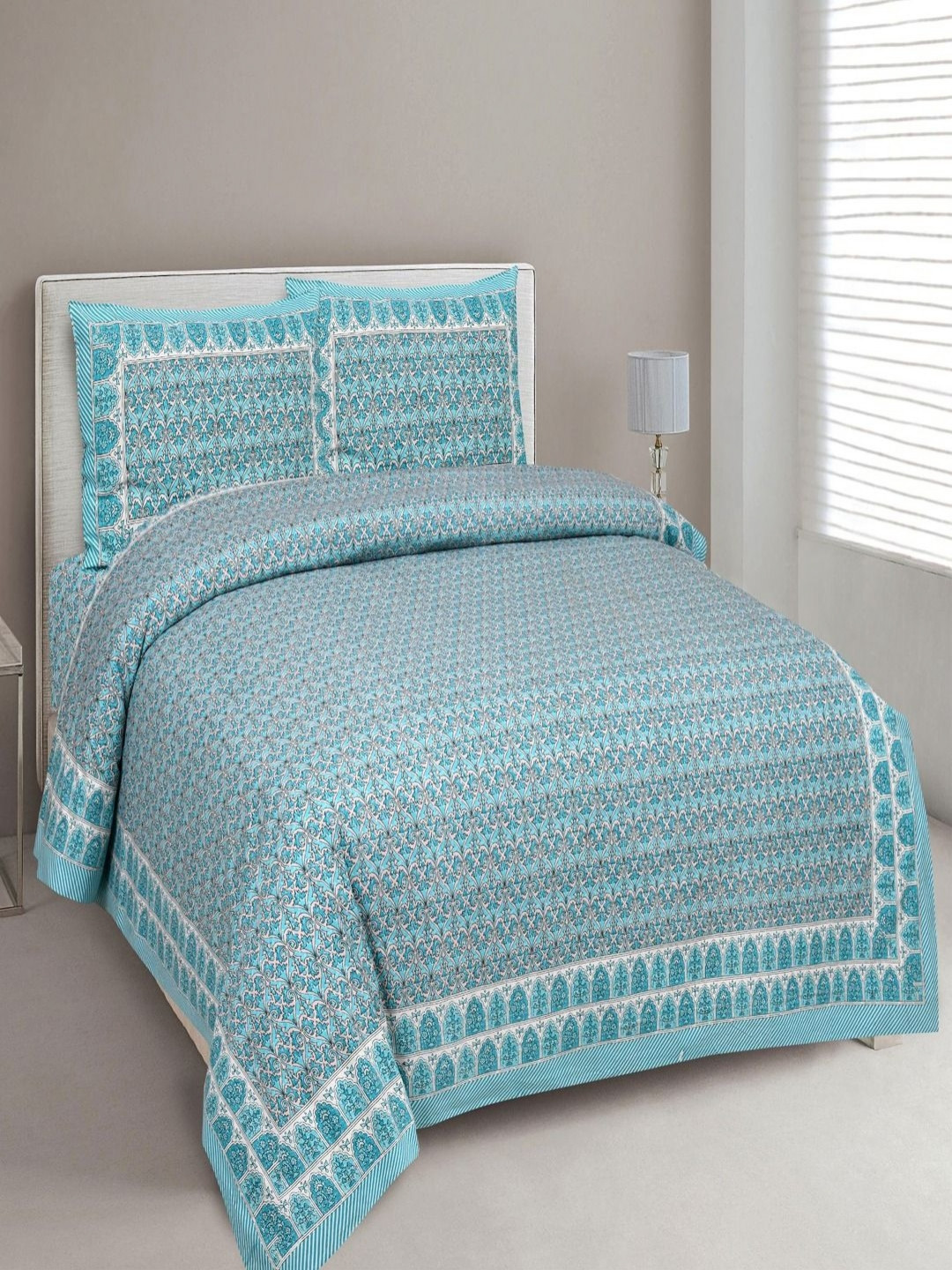 Myntra Elegant Homes Traditional Turquoise Blue Ethnic Motifs Pure Cotton 180 TC King Fine Bedsheet with 2 Pillow Covers-108 x 100 inches