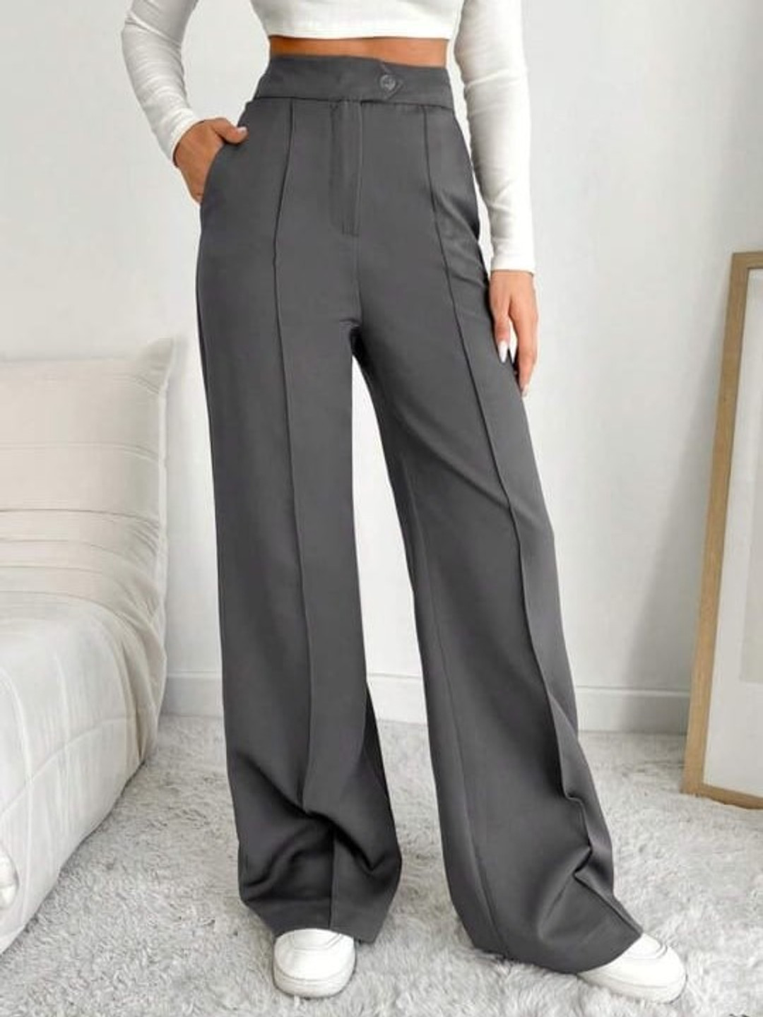 BROADSTAR Women Smart Straight Fit High-Rise Easy Wash Korean Pants
