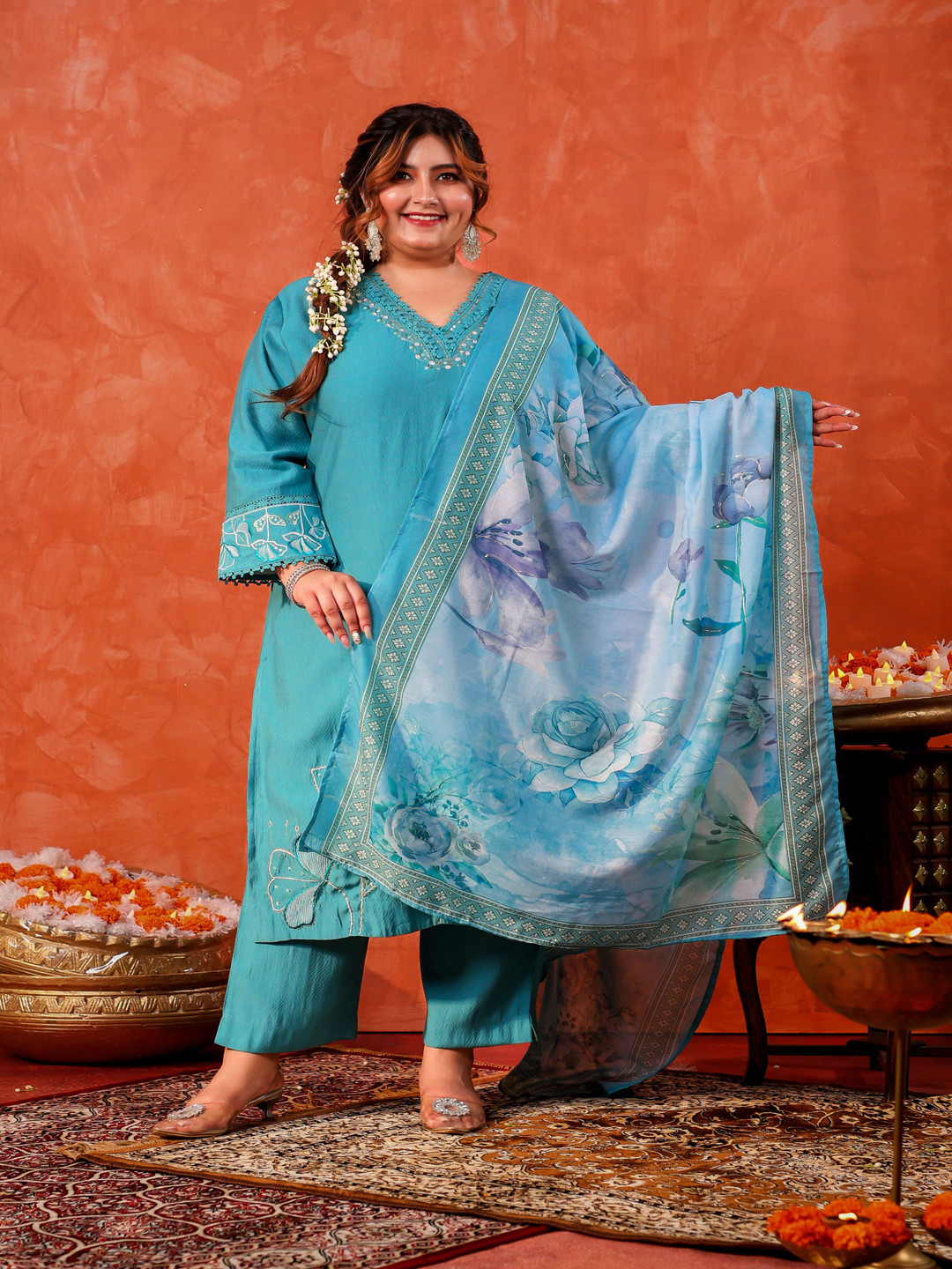 LALI JAIPUR Plus Size Floral Embroidered Beads And Stones Kurta With Trousers And Dupatta