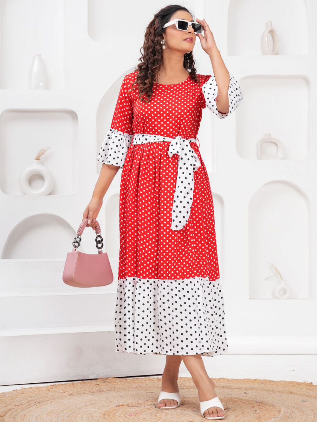 HIGHLIGHT FASHION EXPORT Polka Dots Printed Fit & Flare Midi Dress