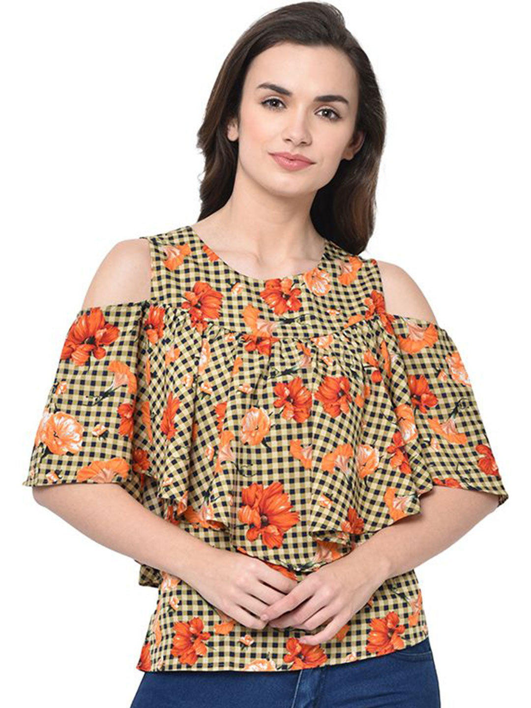 Sash Floral Print Cold-Shoulder Crepe Top