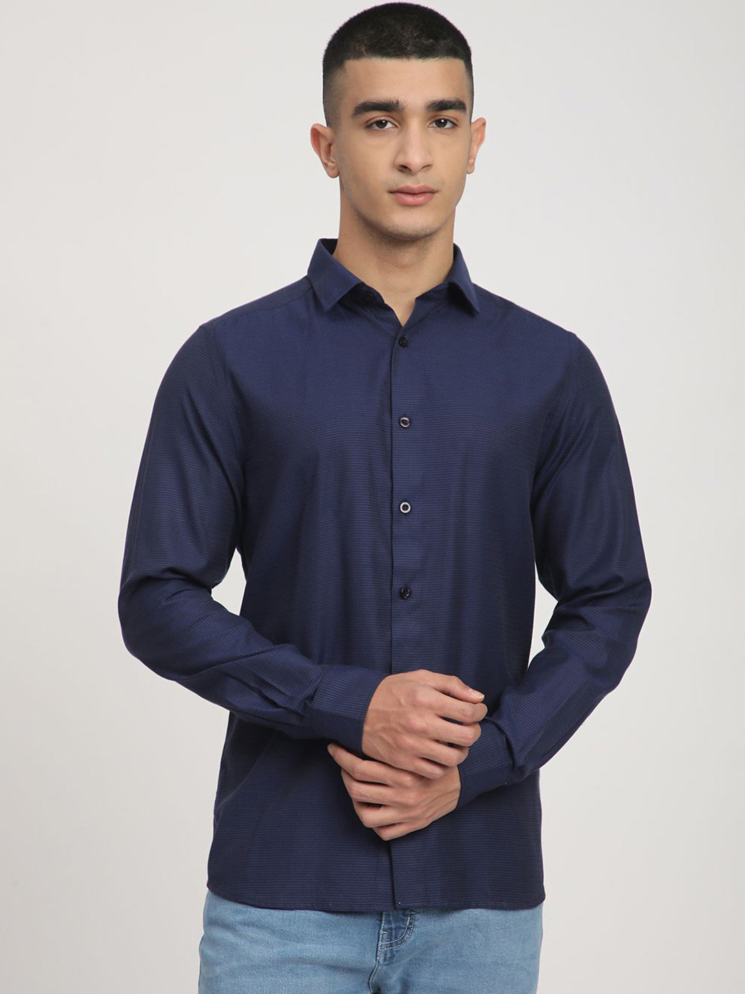 R&B Men Regular Fit Spread Collar Textured Casual Shirt