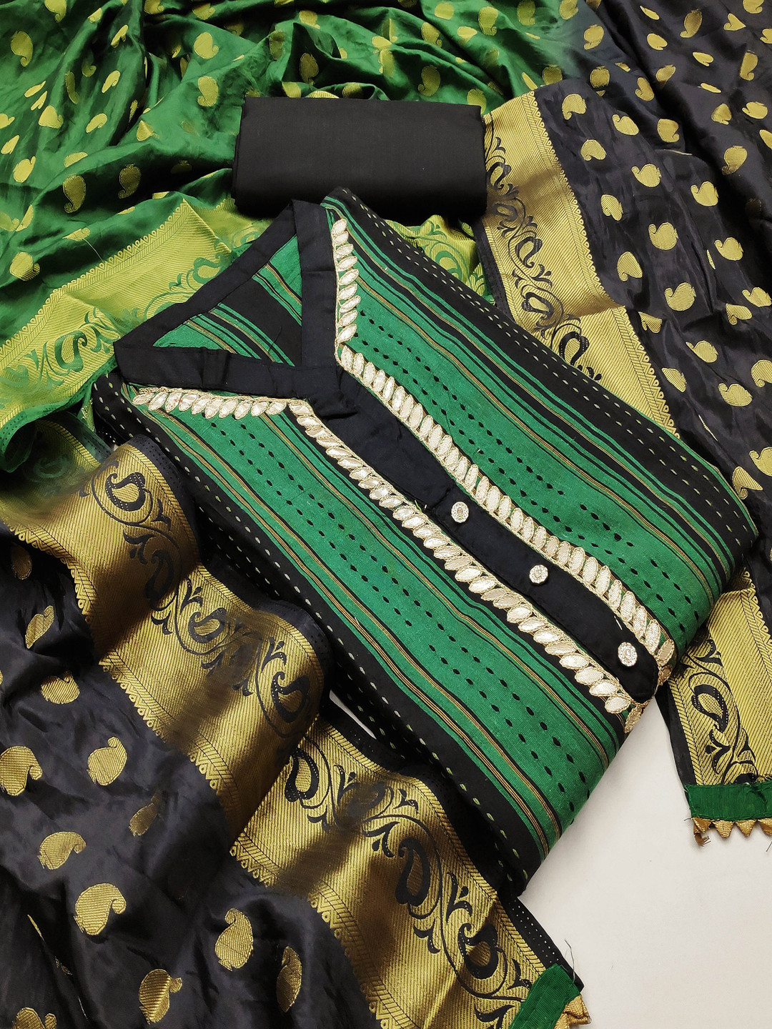 HERE&NOW Geometric Kantha Work Cotton Unstitched Dress Material
