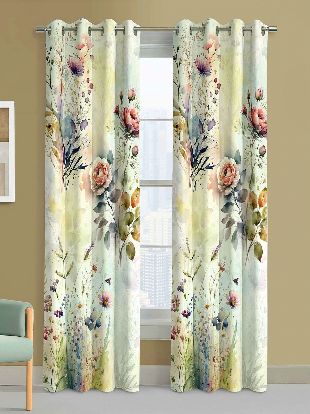 Steve & Anderson Bliss Green And Pink 2 Pieces Floral Printed Door Curtains (7 Feet)