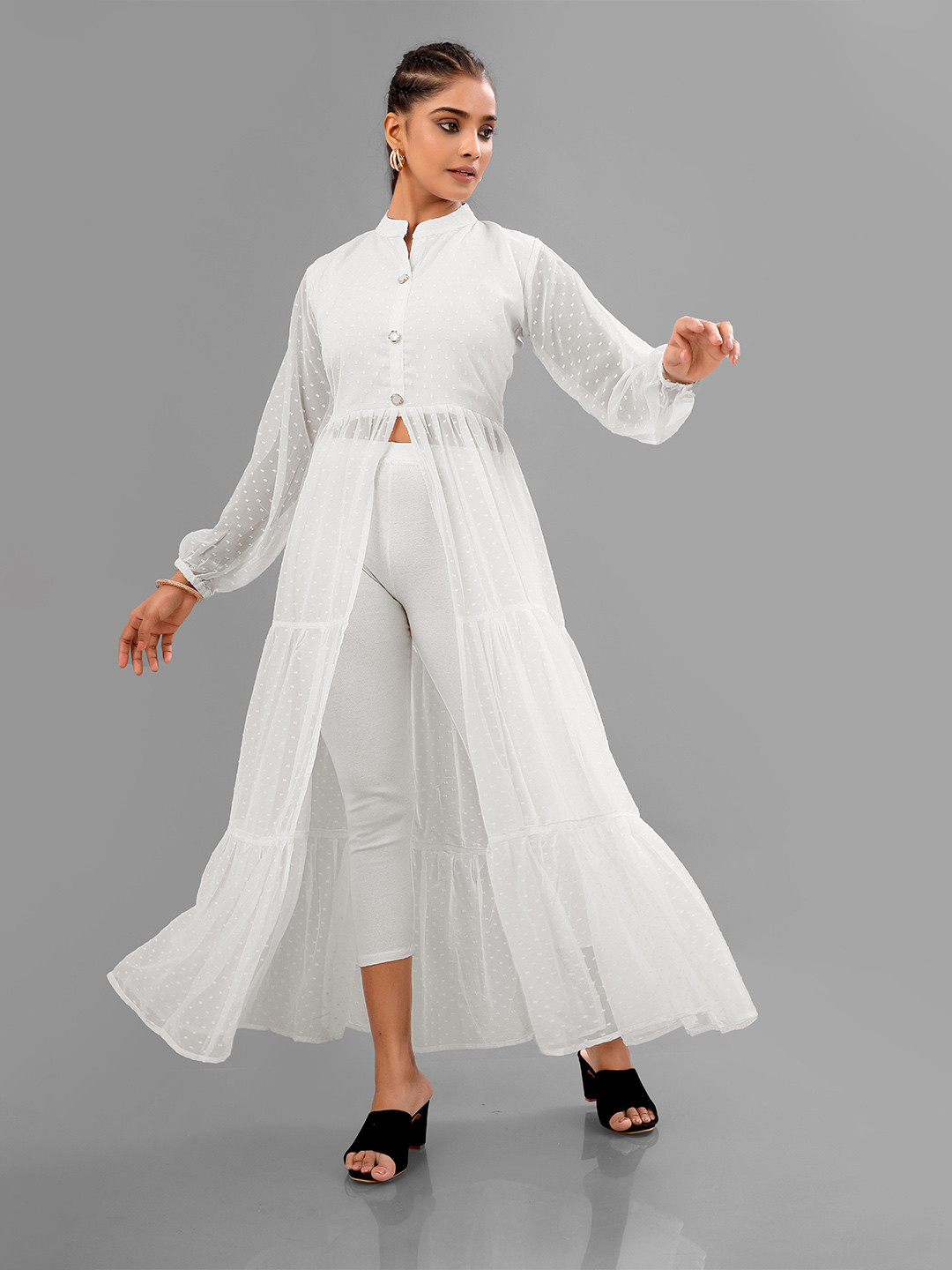SARINKU Woven Design High Slit Mandarin Collar Puff Sleeves Georgette Anarkali Kurta