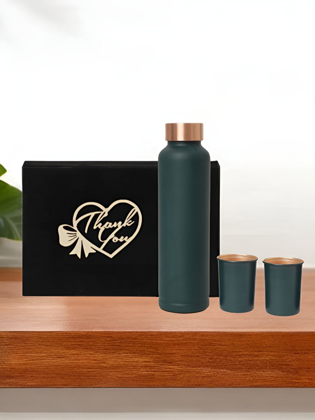 INTERNATIONAL GIFT Green 3 Pieces Pure Copper Water Bottle With Velvet Box & Bag - 950ml