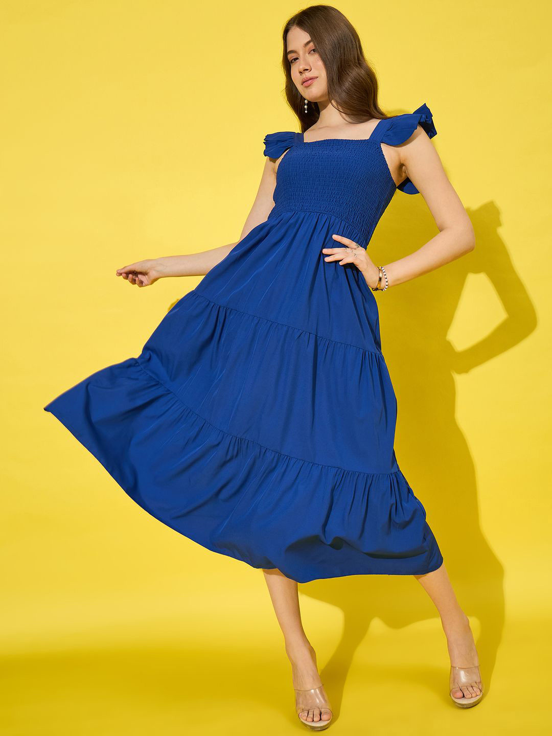 BUY NEW TREND Women Smocked Flutter Sleeves Fit and Flare Midi Dress