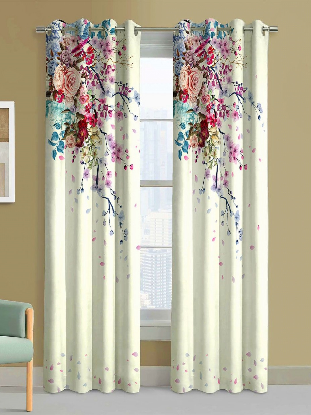Steve & Anderson Jester Off White & Rose 2 Pieces Floral Printed Long Door Curtains(9Feet)