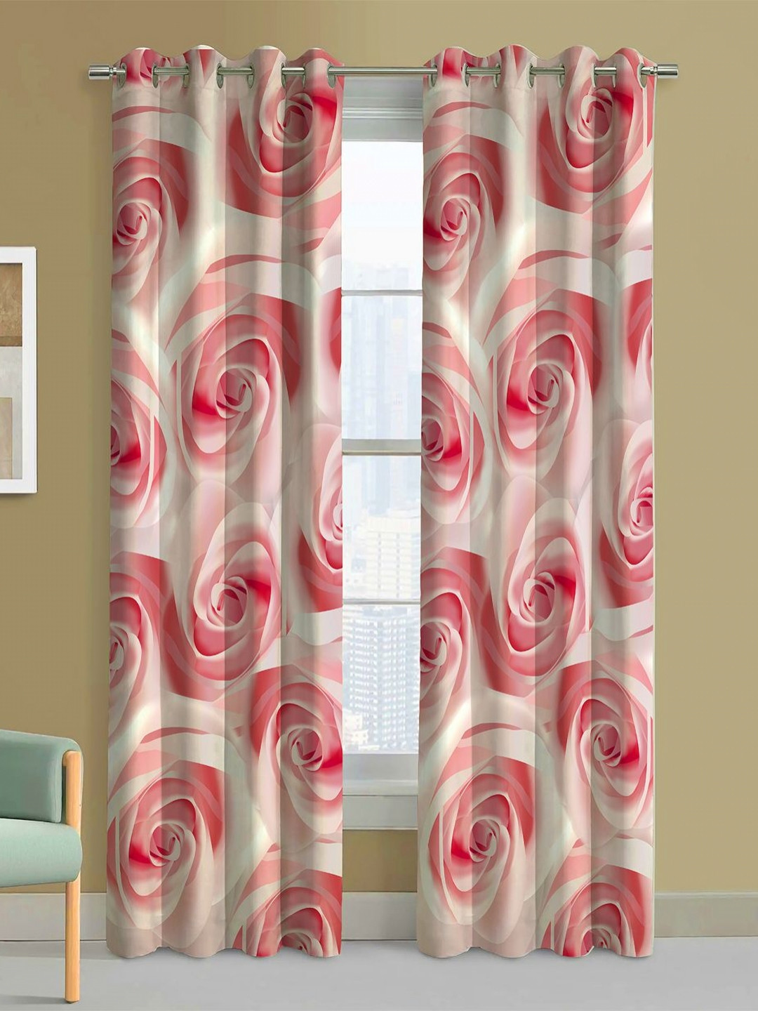Steve & Anderson Bliss Set of 2 Rose And Grey Floral Printed Long Door Curtain (9Feet)
