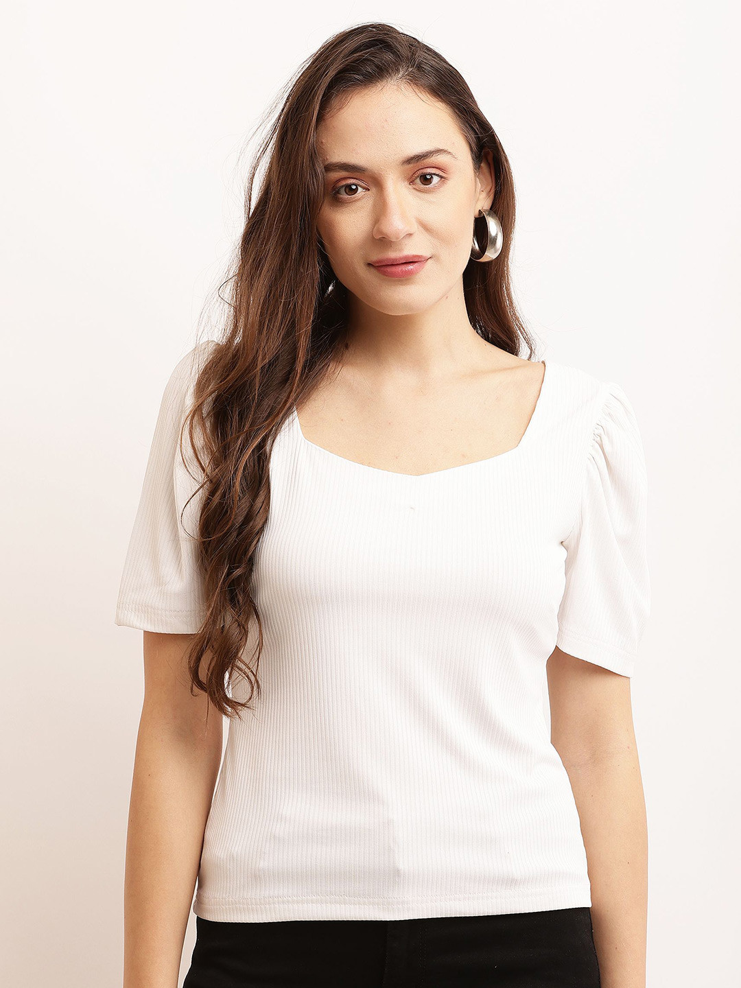 Sash Solid Sweetheart Neck Short Sleeves Top