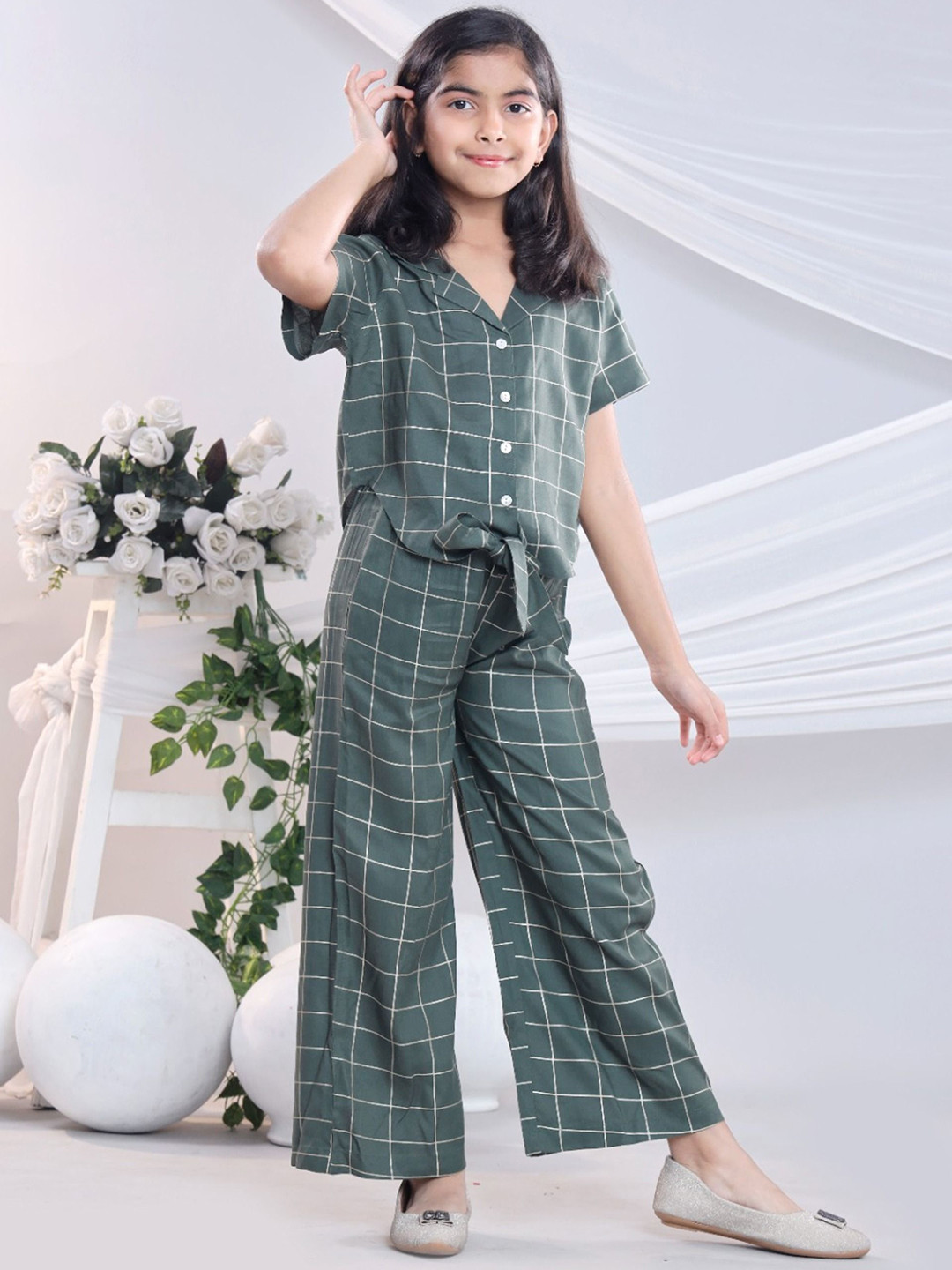 Nanci Girls Checked Shirt Collar Top With Trousers