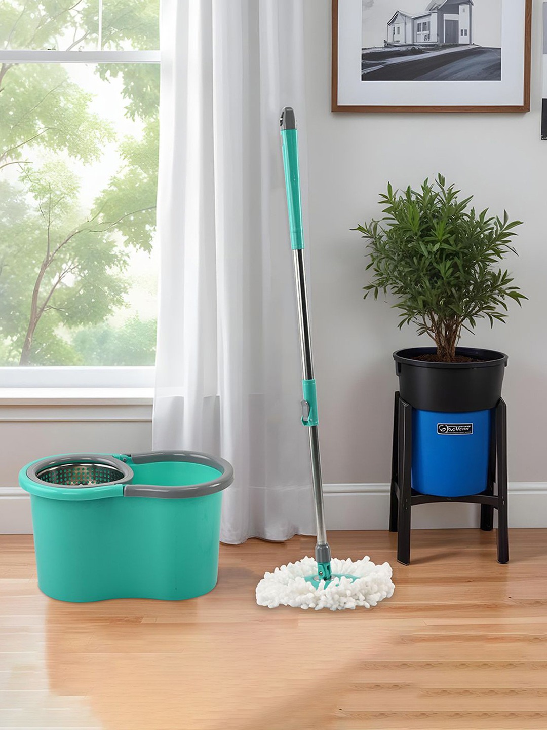 Kuber Industries Green & White Spin Mopping Bucket With 2 Refills
