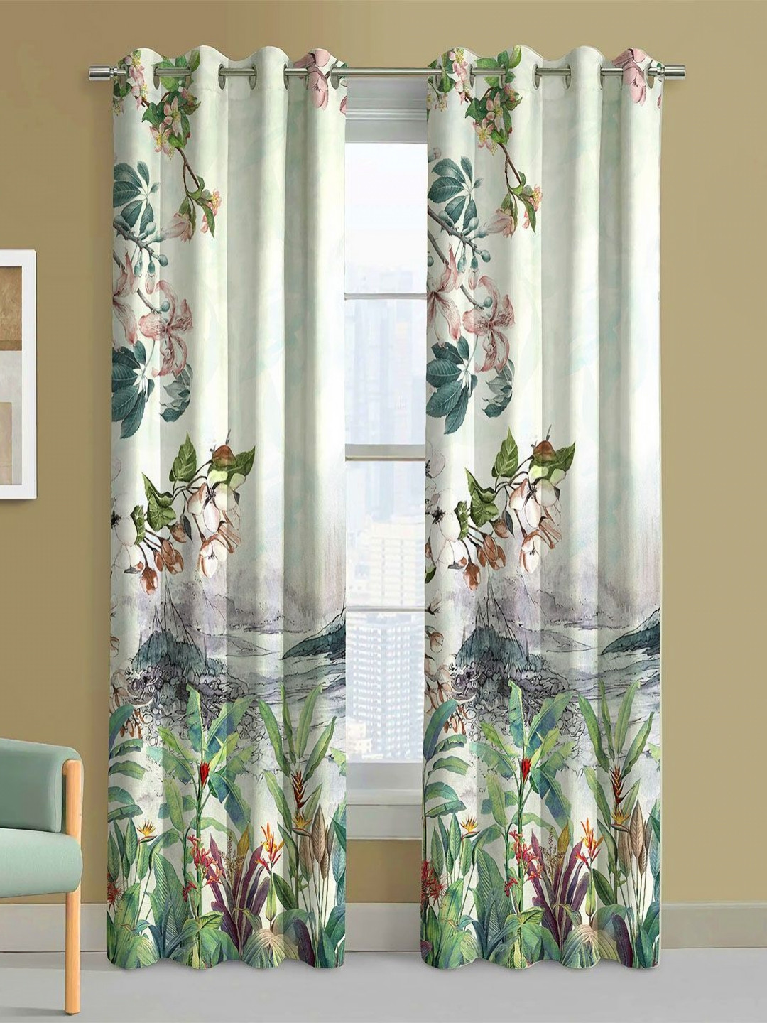 Steve & Anderson Jester 2 Pieces Green And Brown Floral Printed Long Door Curtain (9Feet)