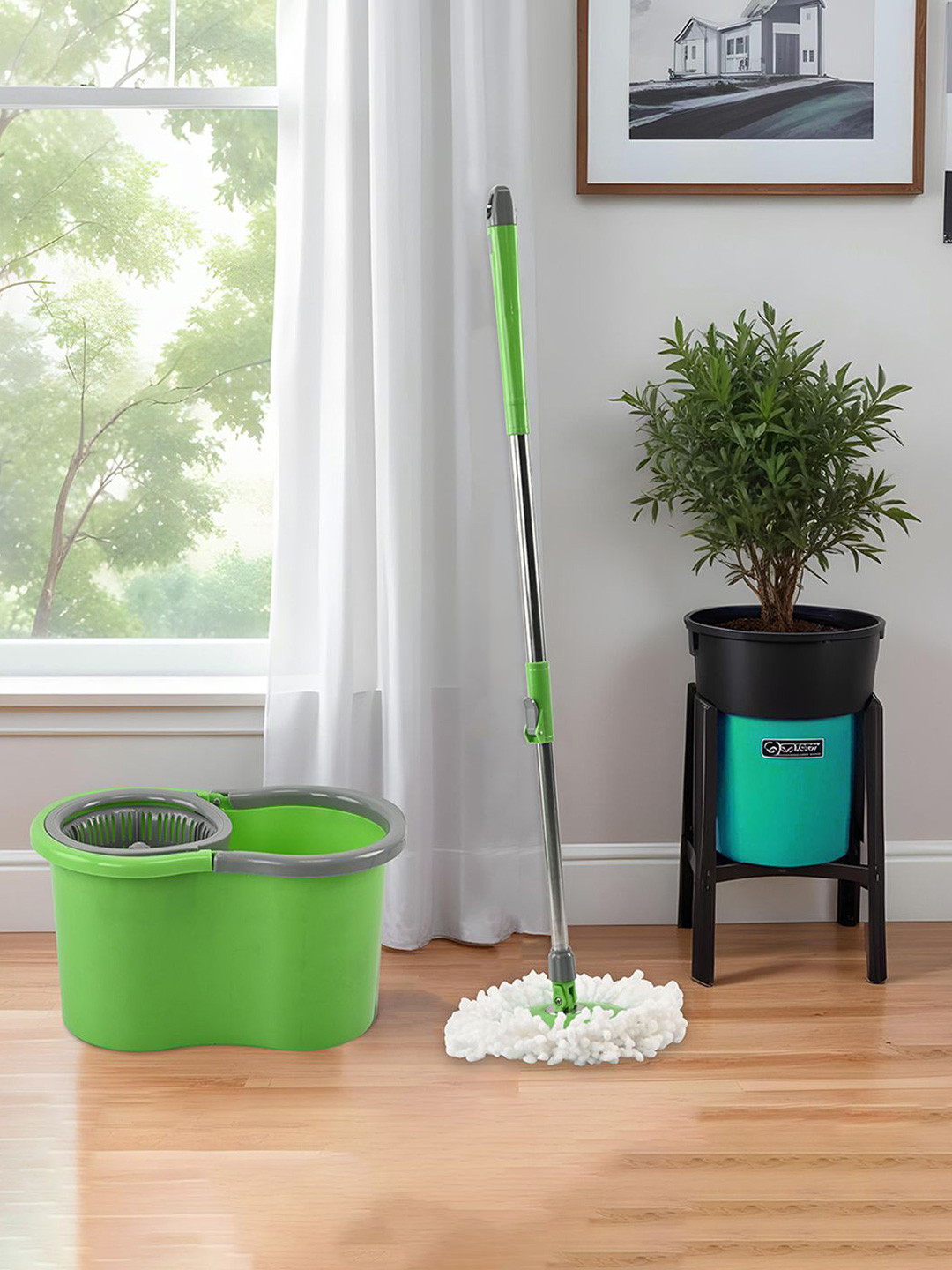 Kuber Industries Green & White Spin Mopping Bucket With 2 Refills