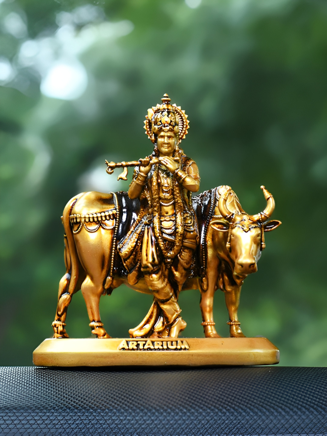 Artarium LLP Krishna with Cow Brown Resin Glossy Prayer Room Tiny Showpiece - 3.5 Inches