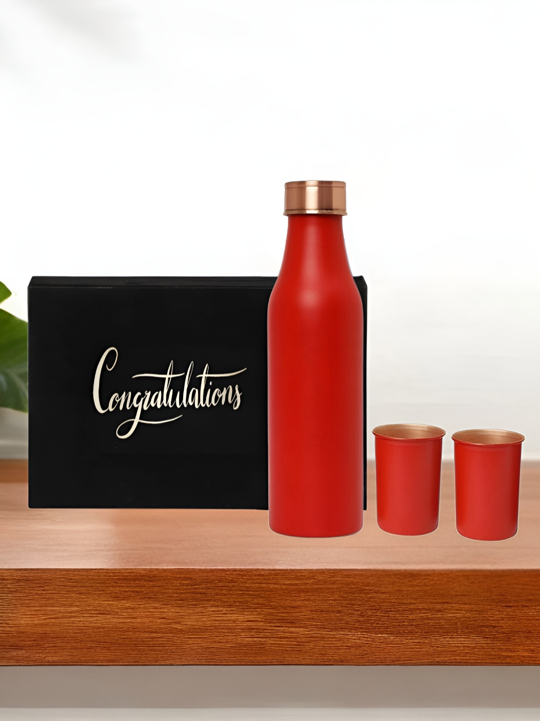INTERNATIONAL GIFT Red Set Of 3 Pure Copper Water Bottle With Glass Set Box & Bag 950ml