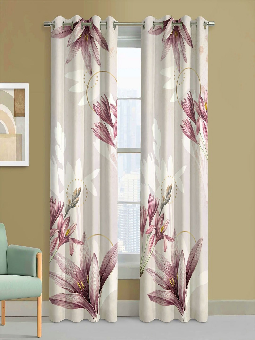 Steve & Anderson Ozzon Brown And Grey 2 Pieces Floral Printed Long Door Curtain (9Feet)