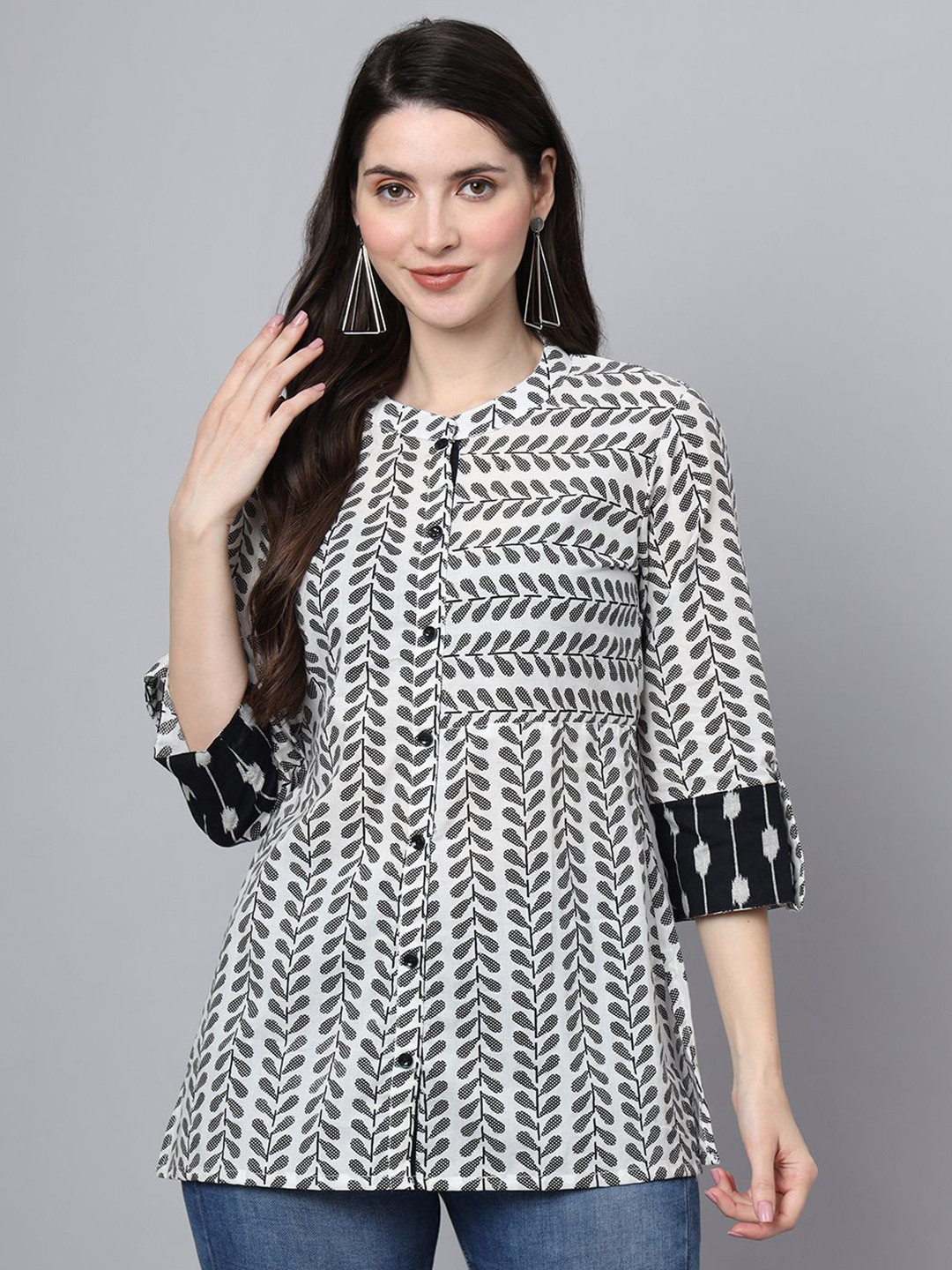 JAPER KURTI Women Comfort Fit Collarless Abstract Printed Cotton Casual Shirt