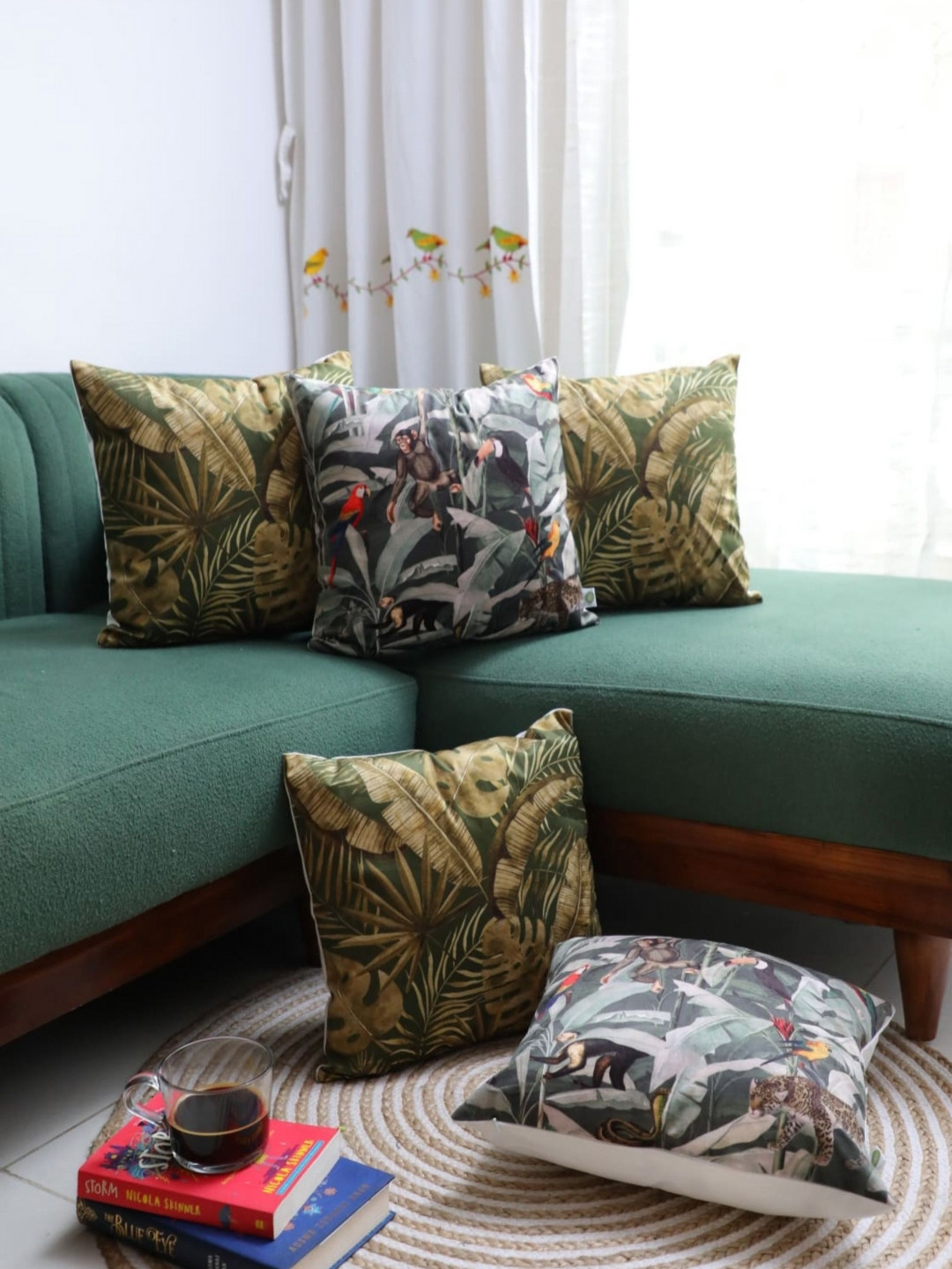 LUSHLYF Jungle Rhapsody X Rainforest Green 5 Pcs Printed Velvet Square Cushion Covers