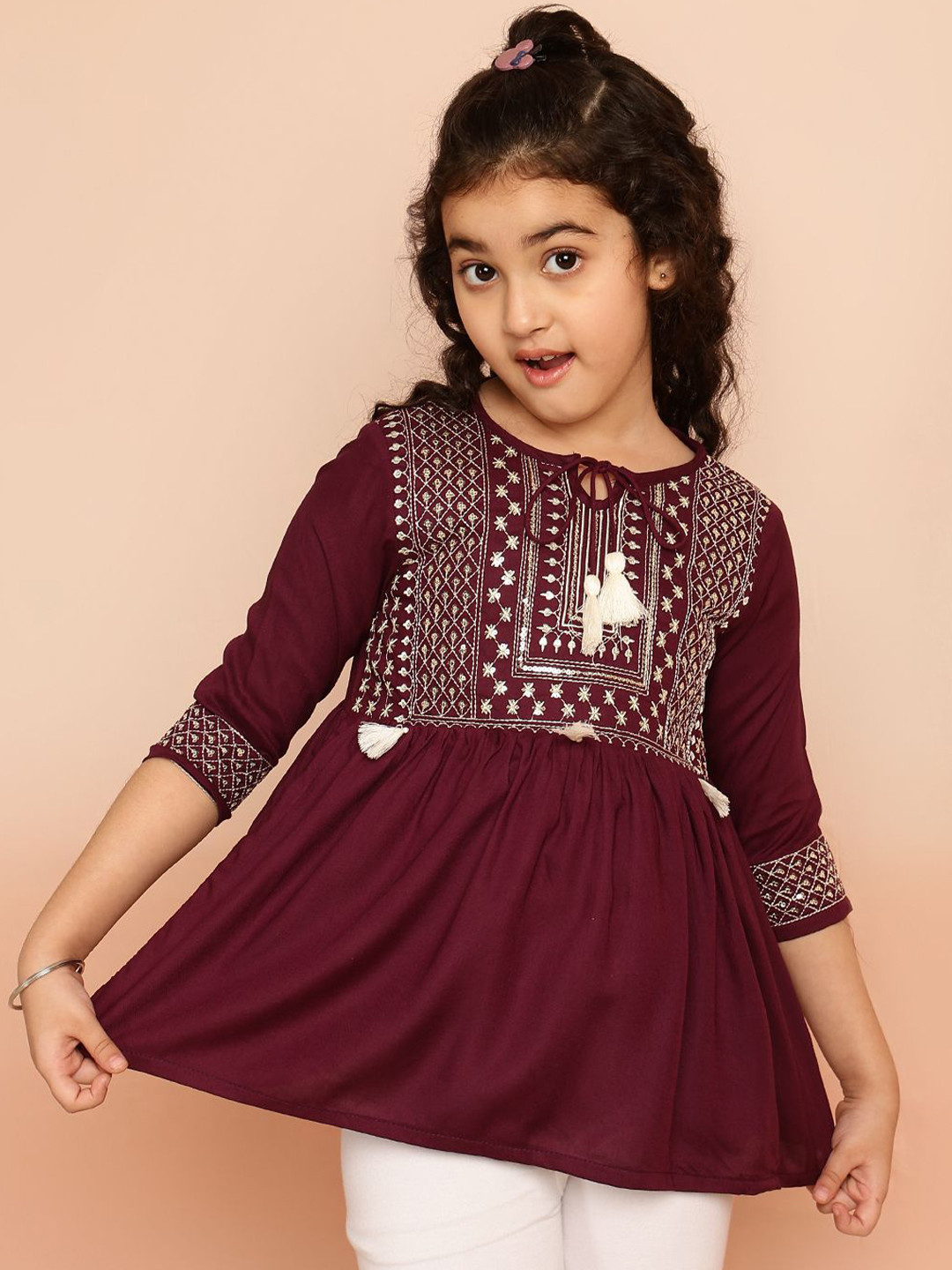 Ishti Girls Embroidered Tie-up Neck Top
