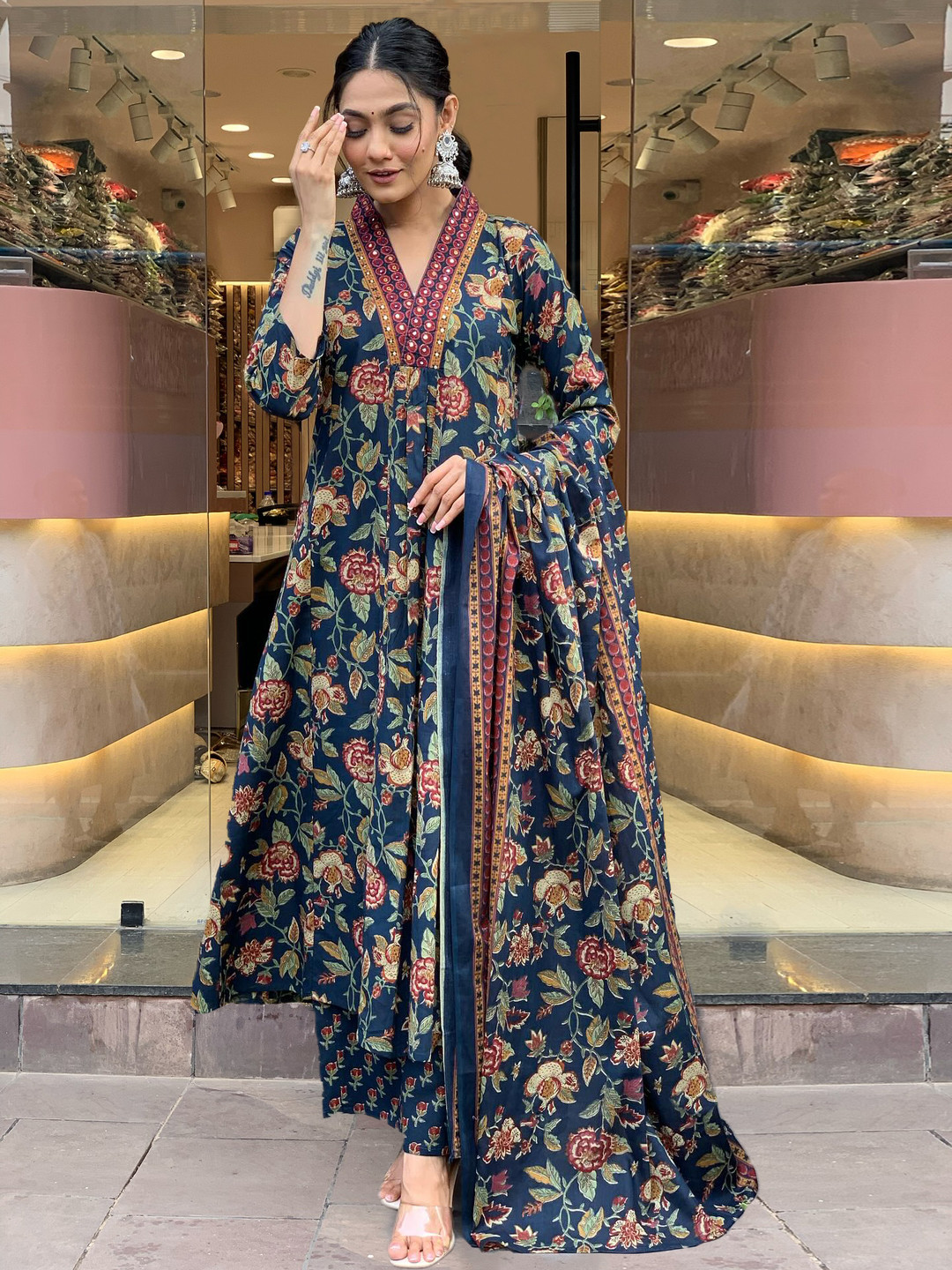 DIVASTRI Cia Floral Printed V-Neck Pleated Anarkali Kurta With Palazzos & Dupatta