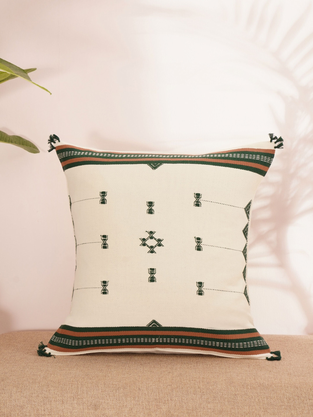 JAYPORE White And Green Geometric Cotton Square Cushion Cover