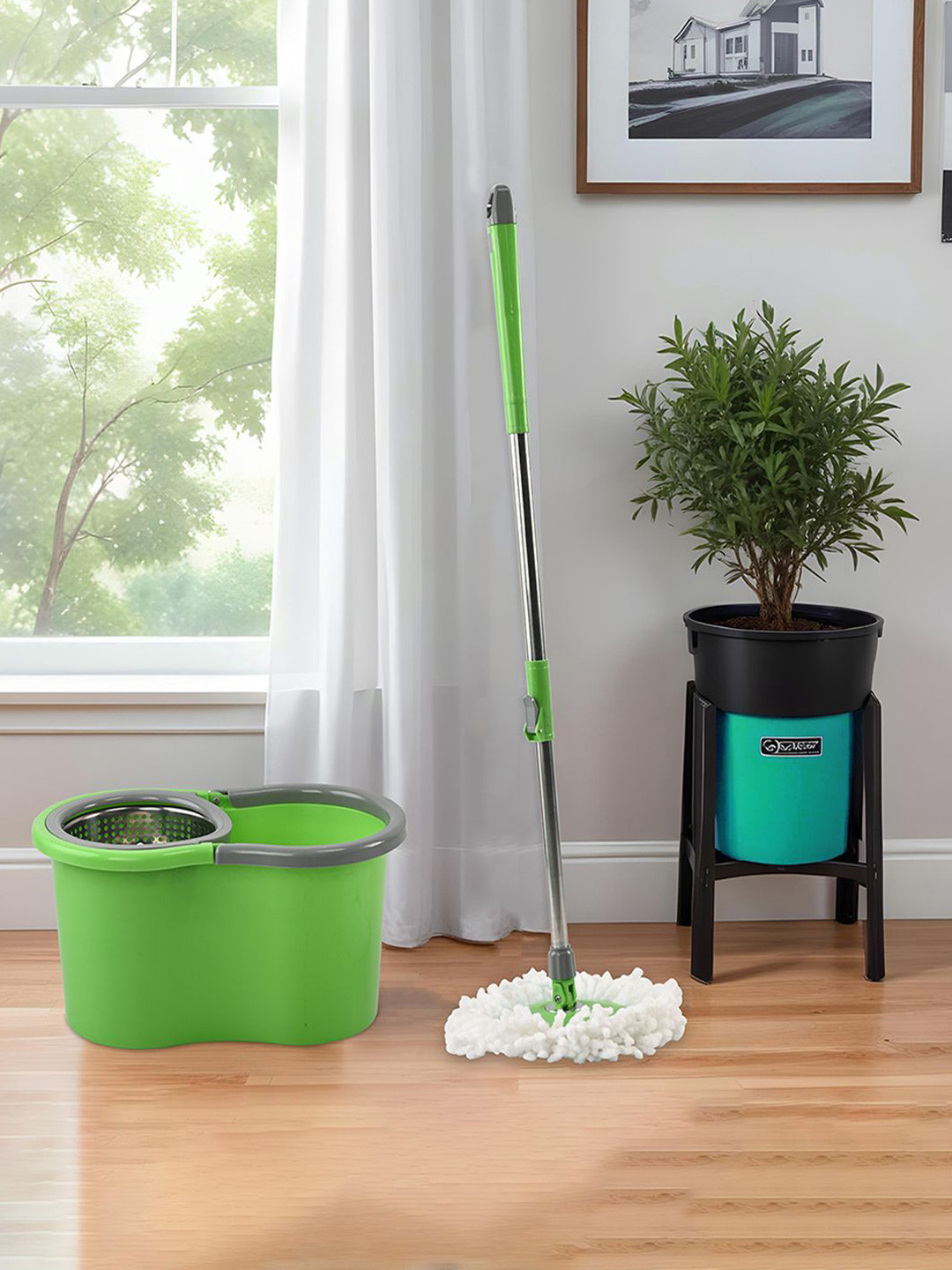 Kuber Industries Plastic Spin Mop Stainless Steel rod Bucket 2 Refills 360deg Floor Cleaner