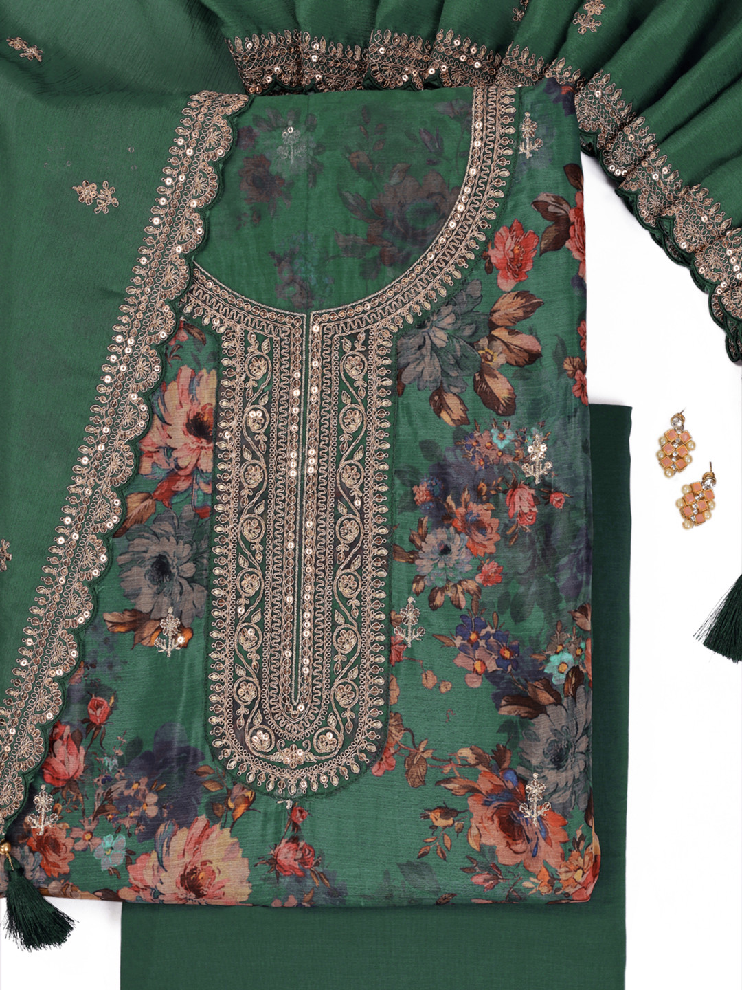 KULEESH Floral Printed Sequinned Chinon Unstitched Dress Material