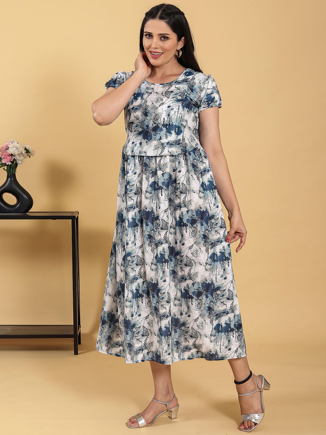 RITIJYA Floral Printed Round Neck Zipless Maternity Ethnic Dresses