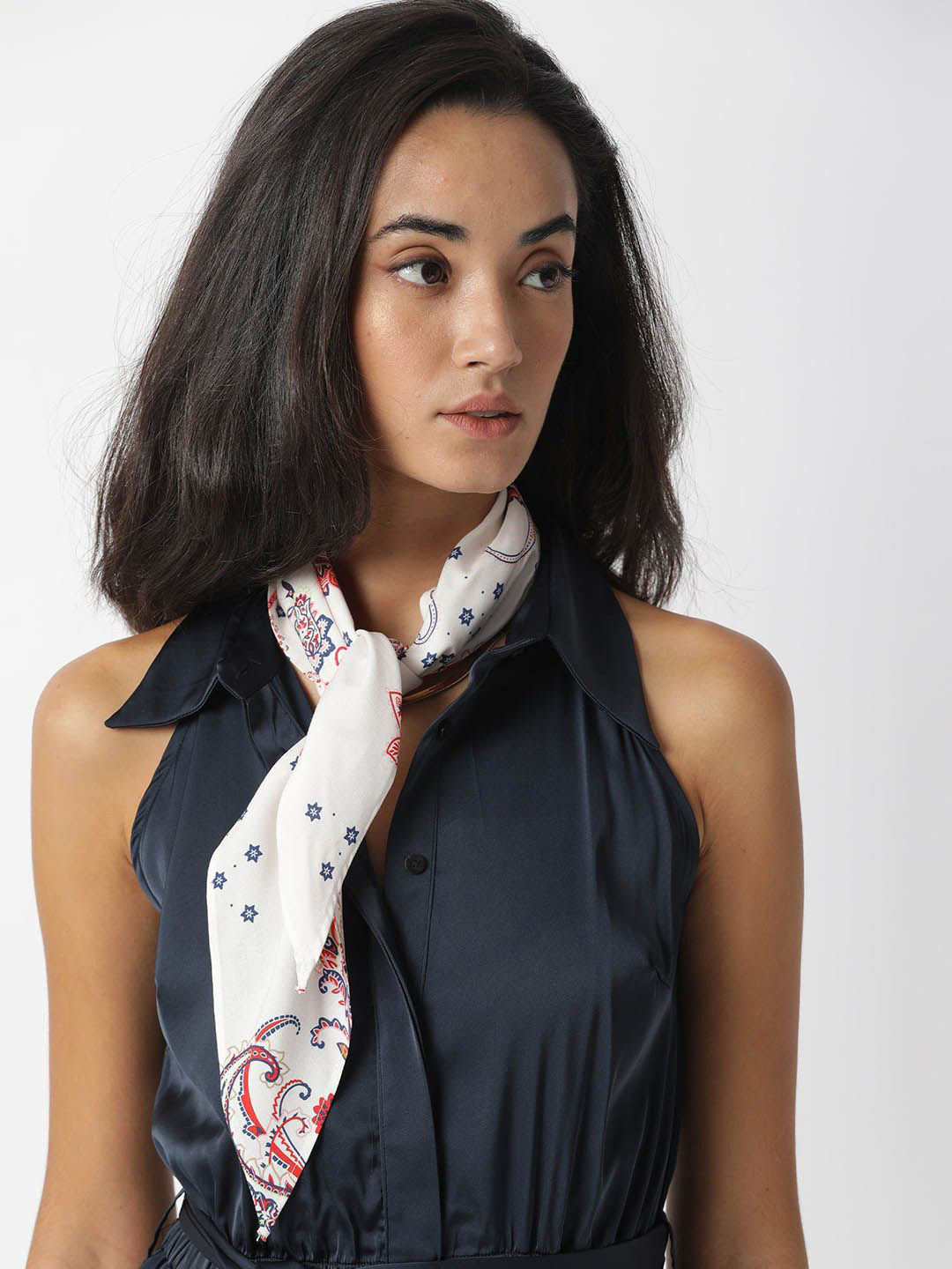 RAREISM Women Printed Pure Cotton Sarah Primary White Scarf