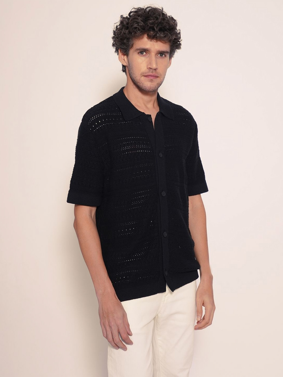 SELECTED Men Crochet Polo Collar Organic Cotton Shirt