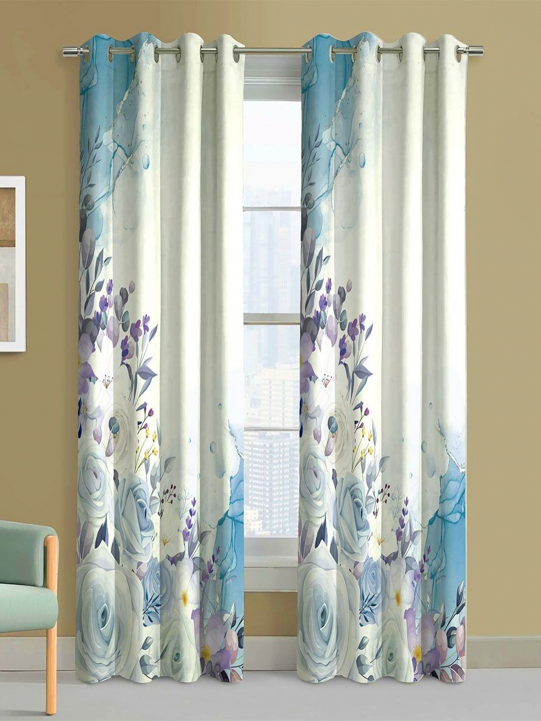 Steve & Anderson Bliss Turquoise Blue & White 2 Pieces Floral Door Curtains (7 Feet)