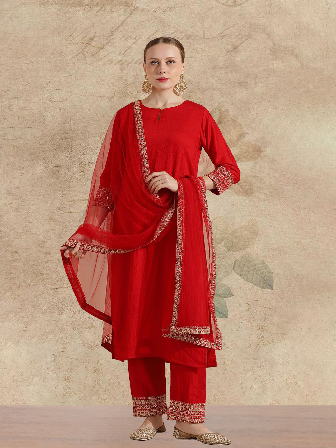 AVANSHEE Kryhole Neck Sequinned Kurta With Trouser And Dupatta