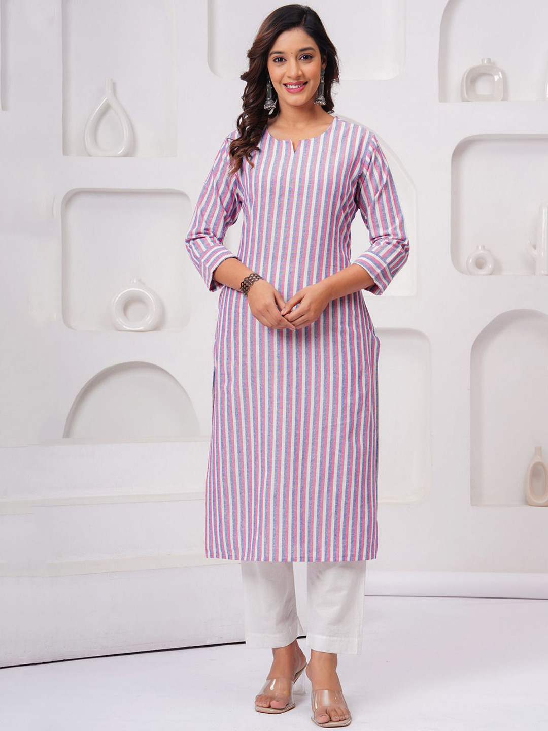 Sarai Striped Notch-Neck Cotton Straight Kurta