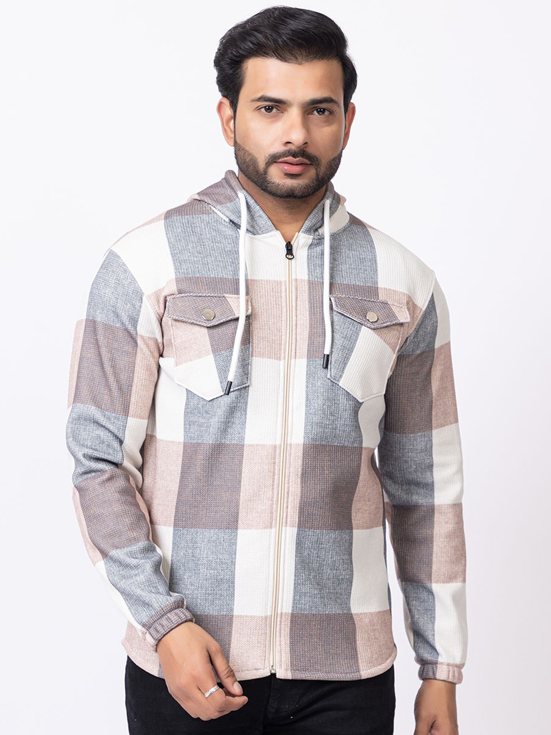GEE 5 Men Hooded Checked Woollen Casual Bomber Jacket