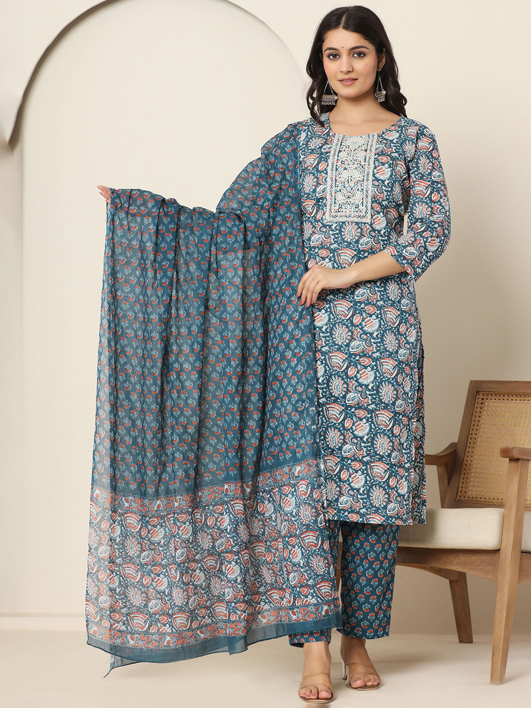 PRIVIE Floral Printed Thread Work Pure Cotton Straight Kurta With Trousers And Dupatta
