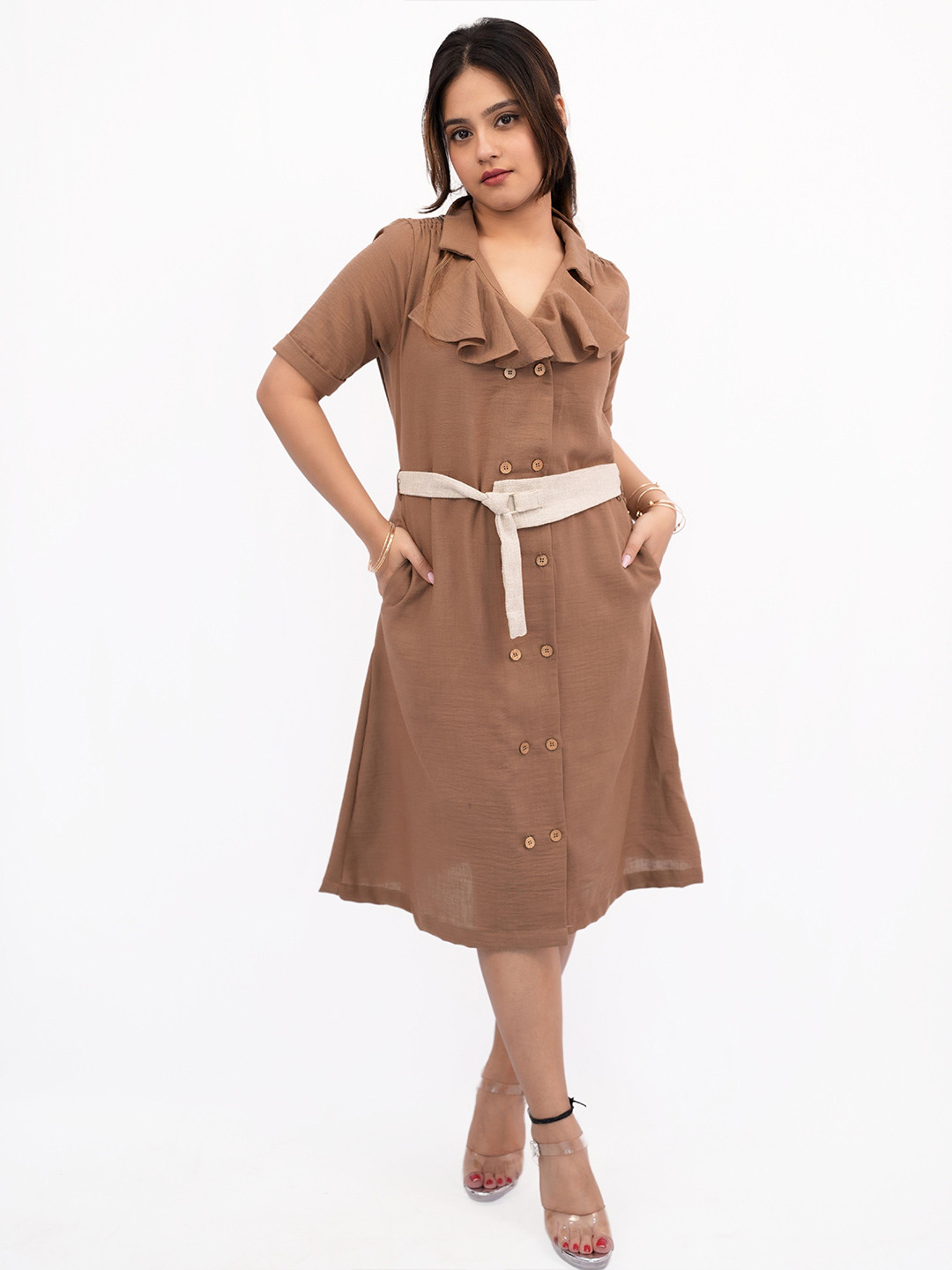 BELLO DONA CLOTHING Women Shirt Collar Ruffled A-Line Midi Dress