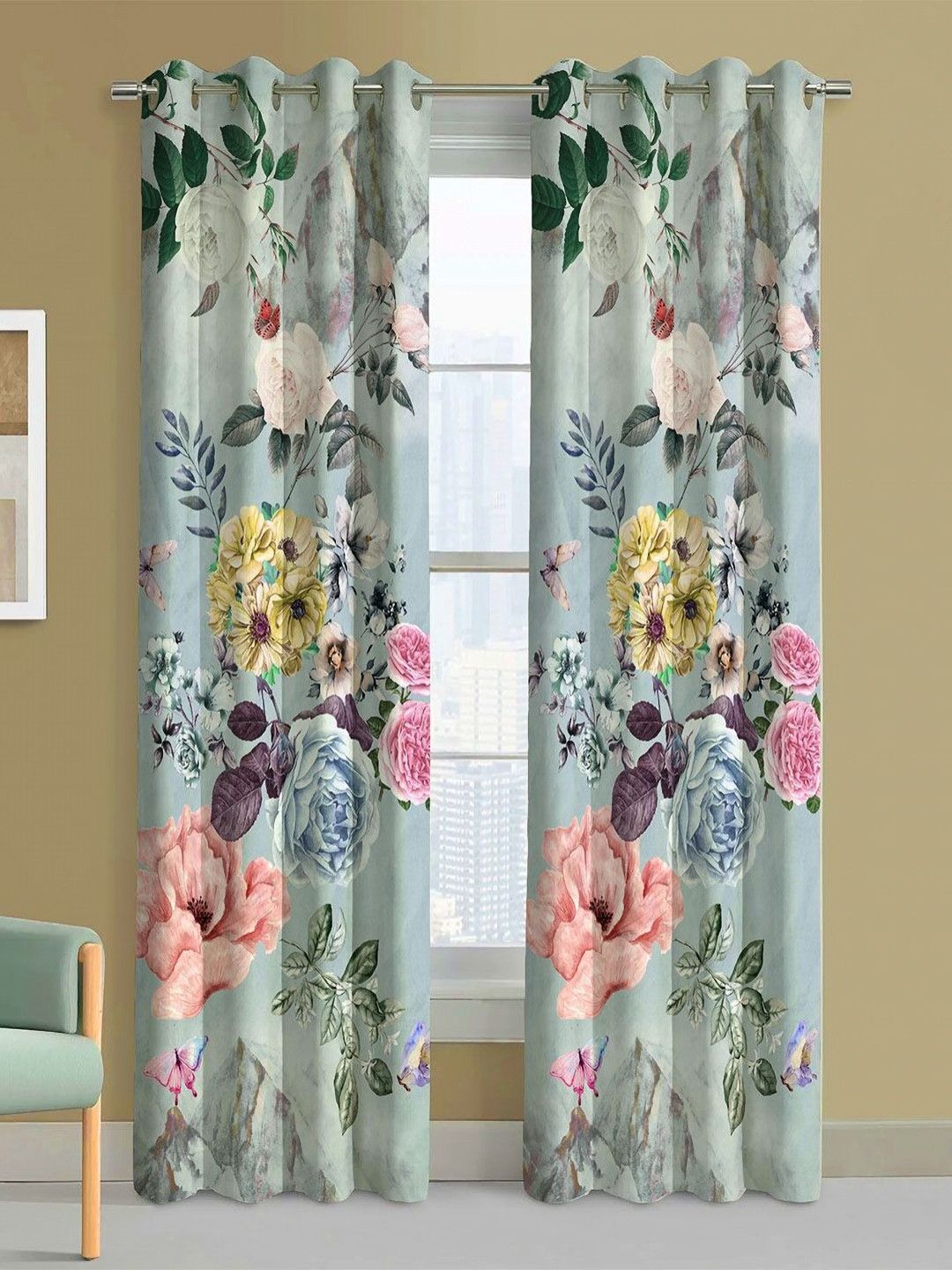 Steve & Anderson Bliss Blue & Pink 2 Pieces Floral Printed Long Door Curtains (9Feet)