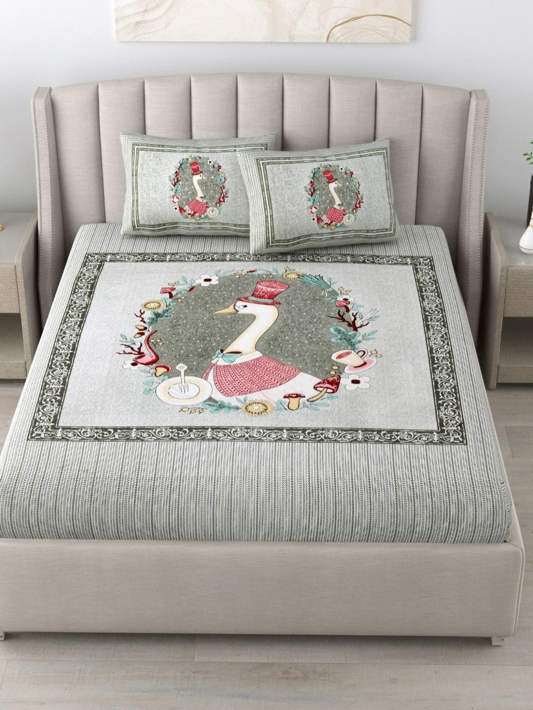 BED-SHEET.COM Polka Slider Olive Animal Cotton 180 TC King Fine Bedsheet with 2 Pillow Covers-90 x 108 inches