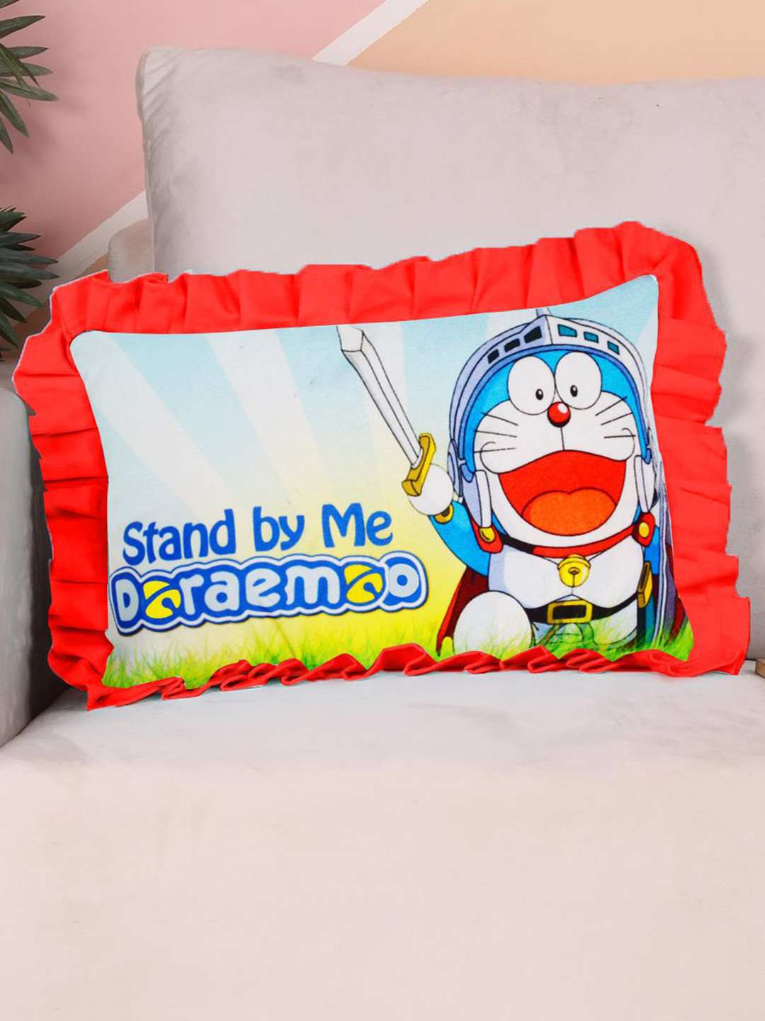 Adbeni White & Blue Doremoon Cartoon Characters Printed Baby Pillow 12x19 Inch