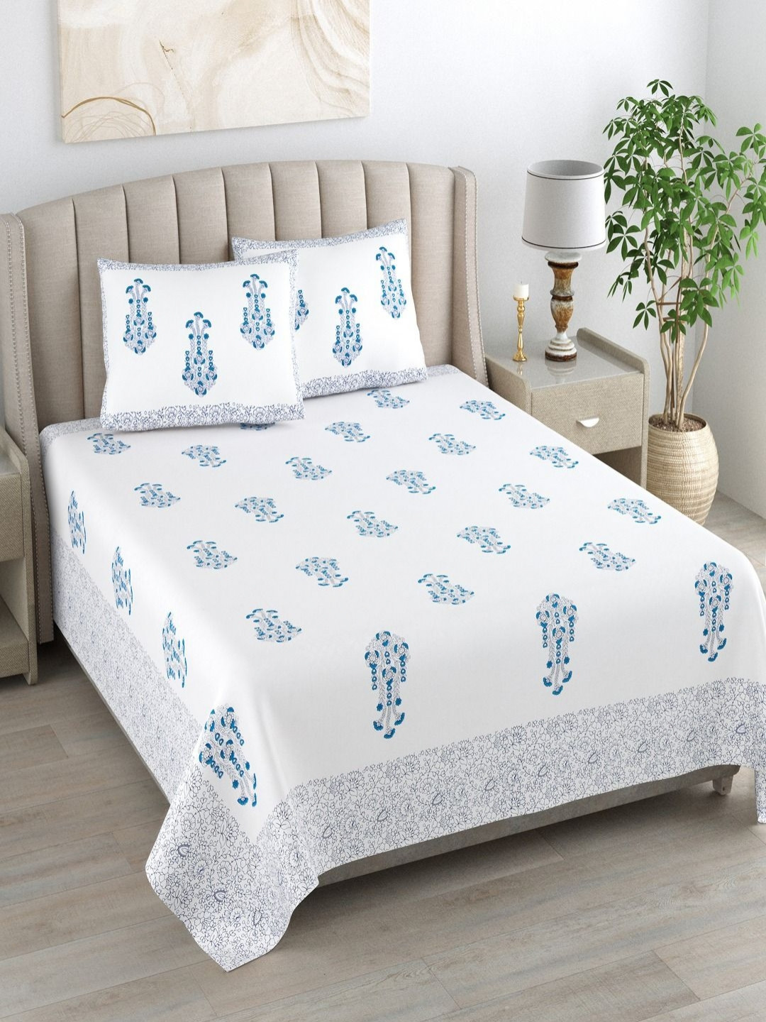 Myntra Elegant Homes White Printed Pure Cotton 180 TC King Bedsheet Set 2.74 m x 2.54m
