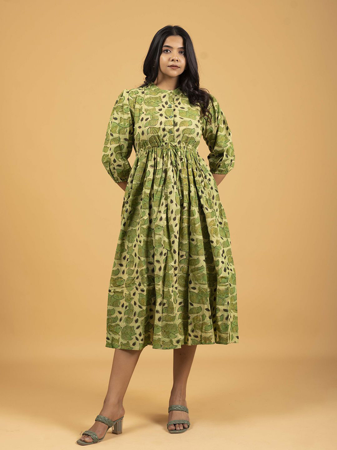 SPARSA Women Floral Print Puff Sleeve Fit & Flare Midi Dress