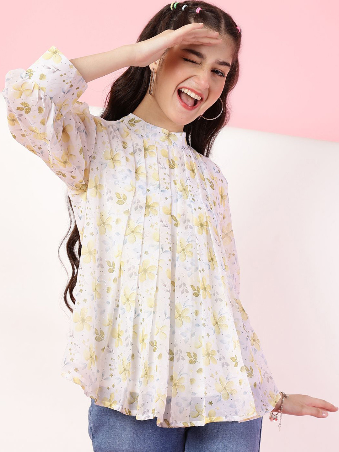 Ishti Girls Floral Print Cuffed Sleeves Top