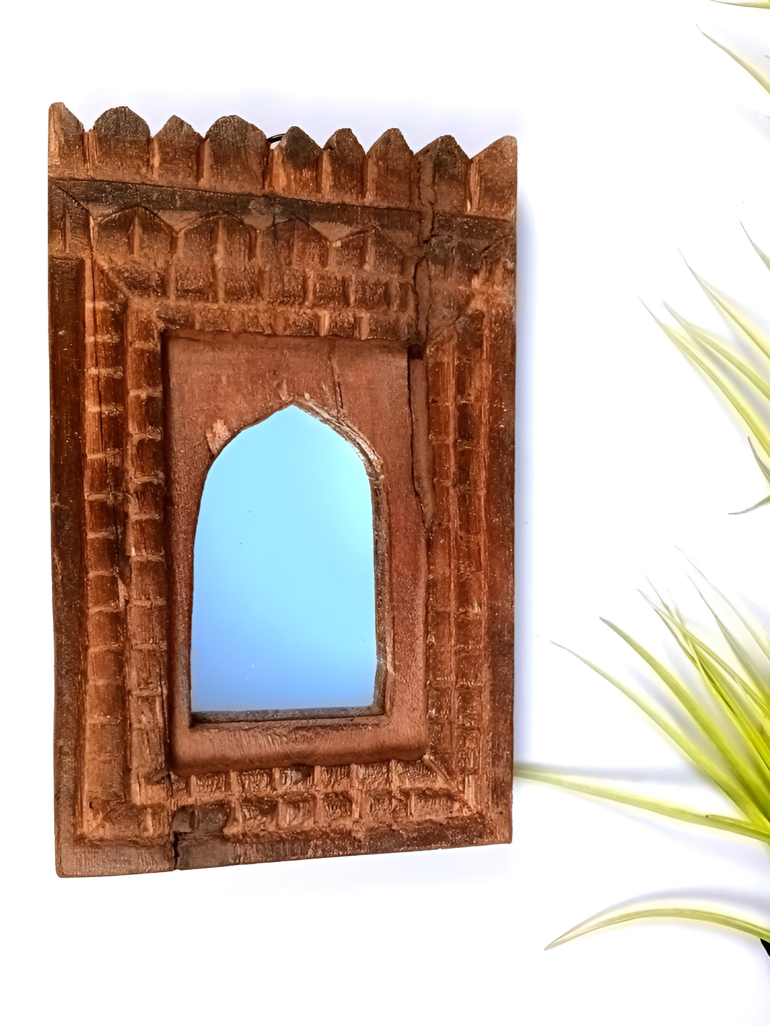 apka mart Brown Textured Wooden Wall Hanging Jharoka Mirror