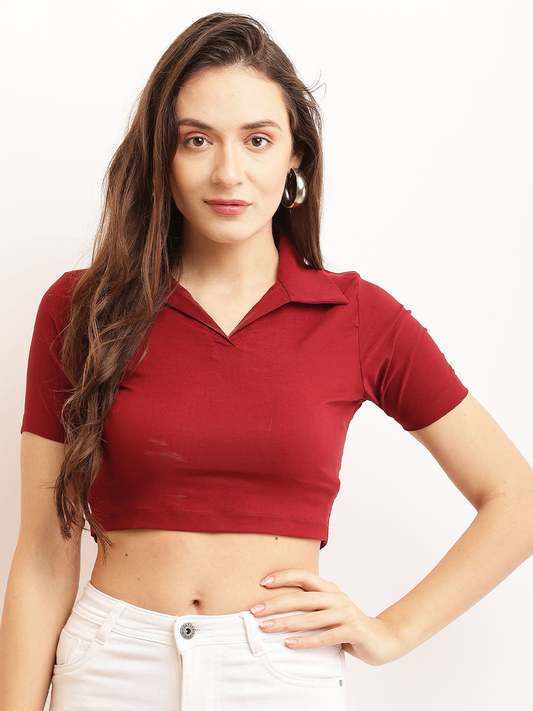 Sash Women Shirt Collar Fitted Crop Top